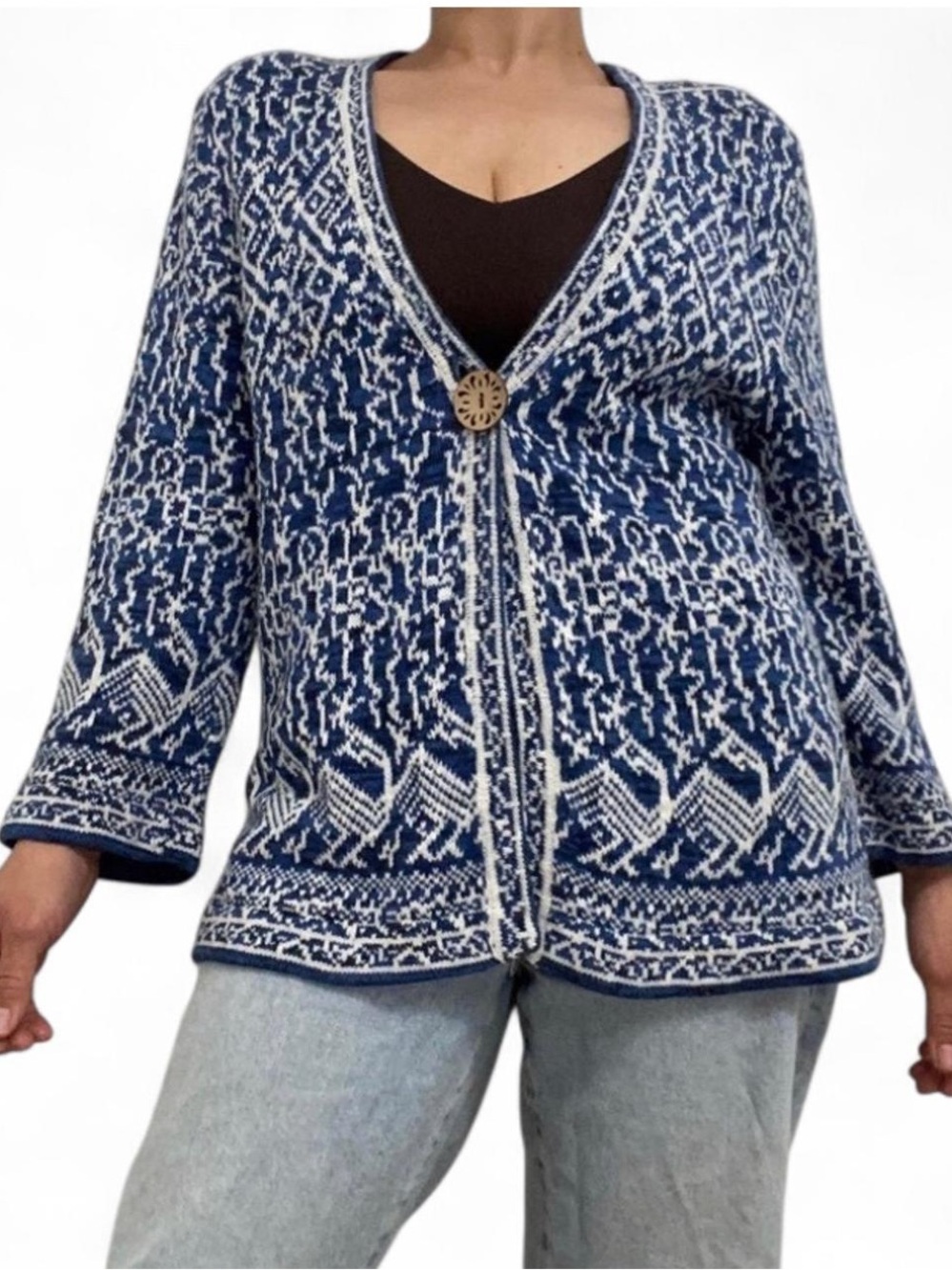Coldwater Creek Blue and White Patterned V-Neck Knit Sweater Cardigan